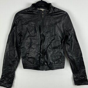 Kismet Cropped Biker Jacket Size S Black Faux Leather Long Sleeve Full Zip Band